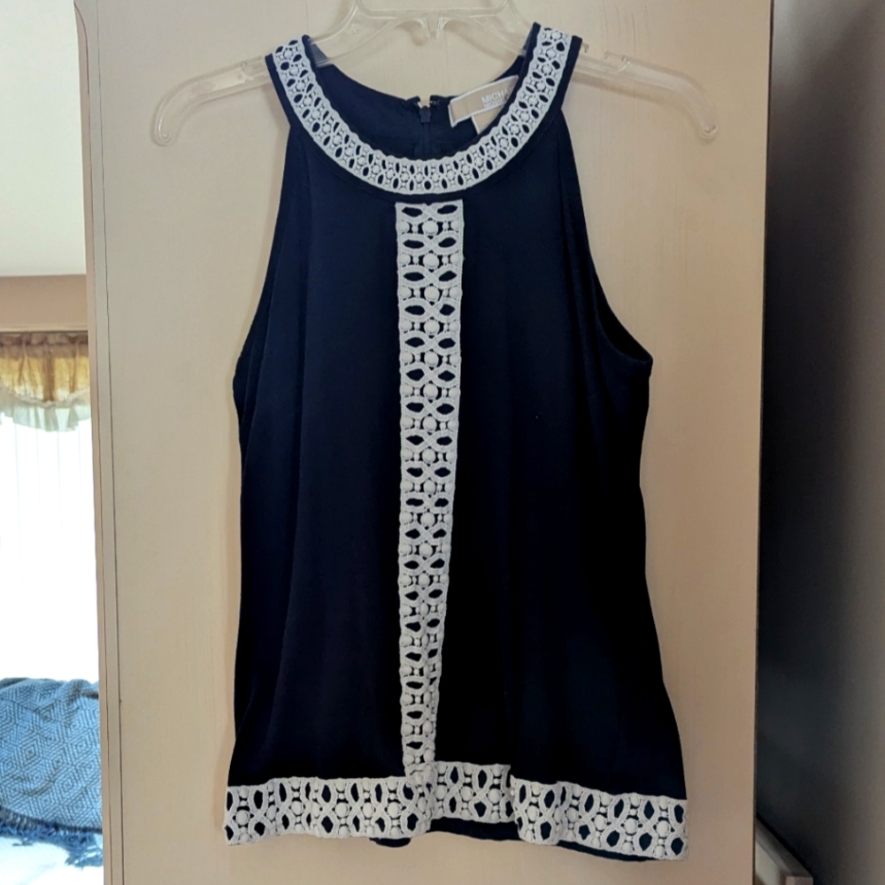 Michael Kors Women's Black Sleeveless Dressy Tank Top With Ivory Crocheted Trim